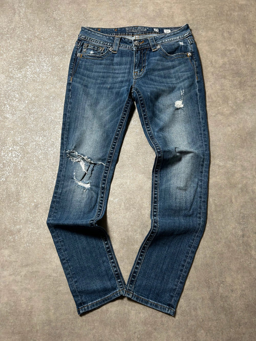 Vintage Miss Me Damen-Jeans Skinny Fit Used Look – Blau – Detailansicht