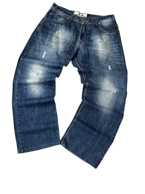 Vintage Armani Jeans Herren-Jeans Baggy Straight Fit Used Look Marineblau – Detailansicht