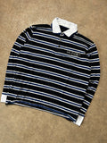 Vintage Tommy Hilfiger Gestreiftes Langarm Polo-Pullover Marineblau Weiß/Blau Streifen – 16
