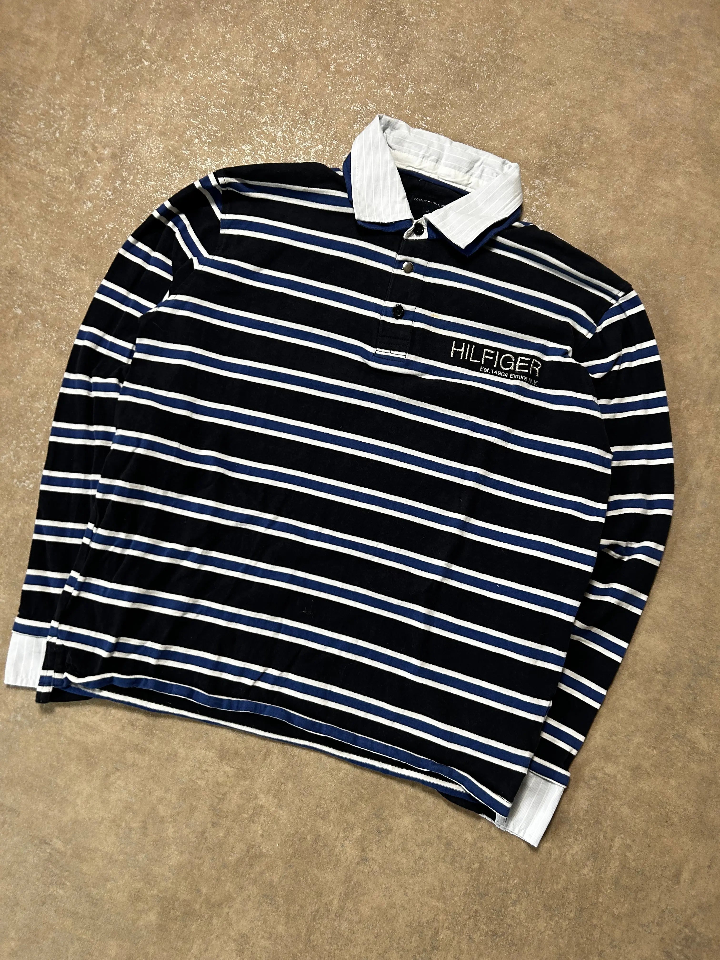 Vintage Tommy Hilfiger Gestreiftes Langarm Polo-Pullover Marineblau Weiß/Blau Streifen – 16