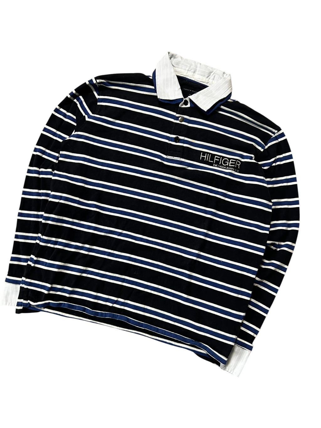 Vintage Tommy Hilfiger Gestreiftes Langarm Polo-Pullover Marineblau Weiß/Blau Streifen – 16