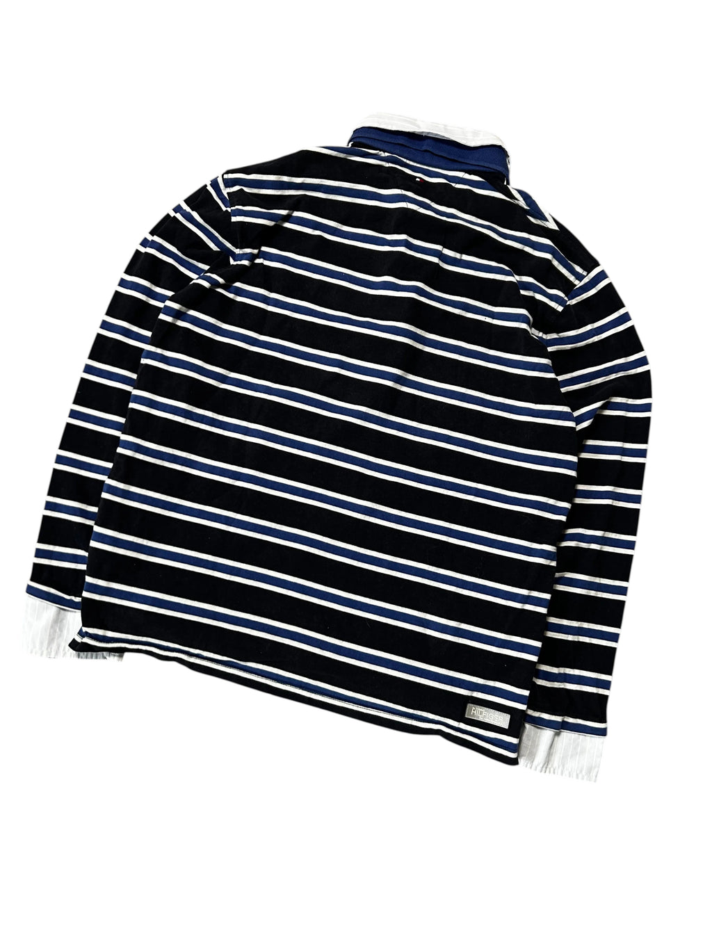 Vintage Tommy Hilfiger Gestreiftes Langarm Polo-Pullover Marineblau Weiß/Blau Streifen – 16 – Detailansicht