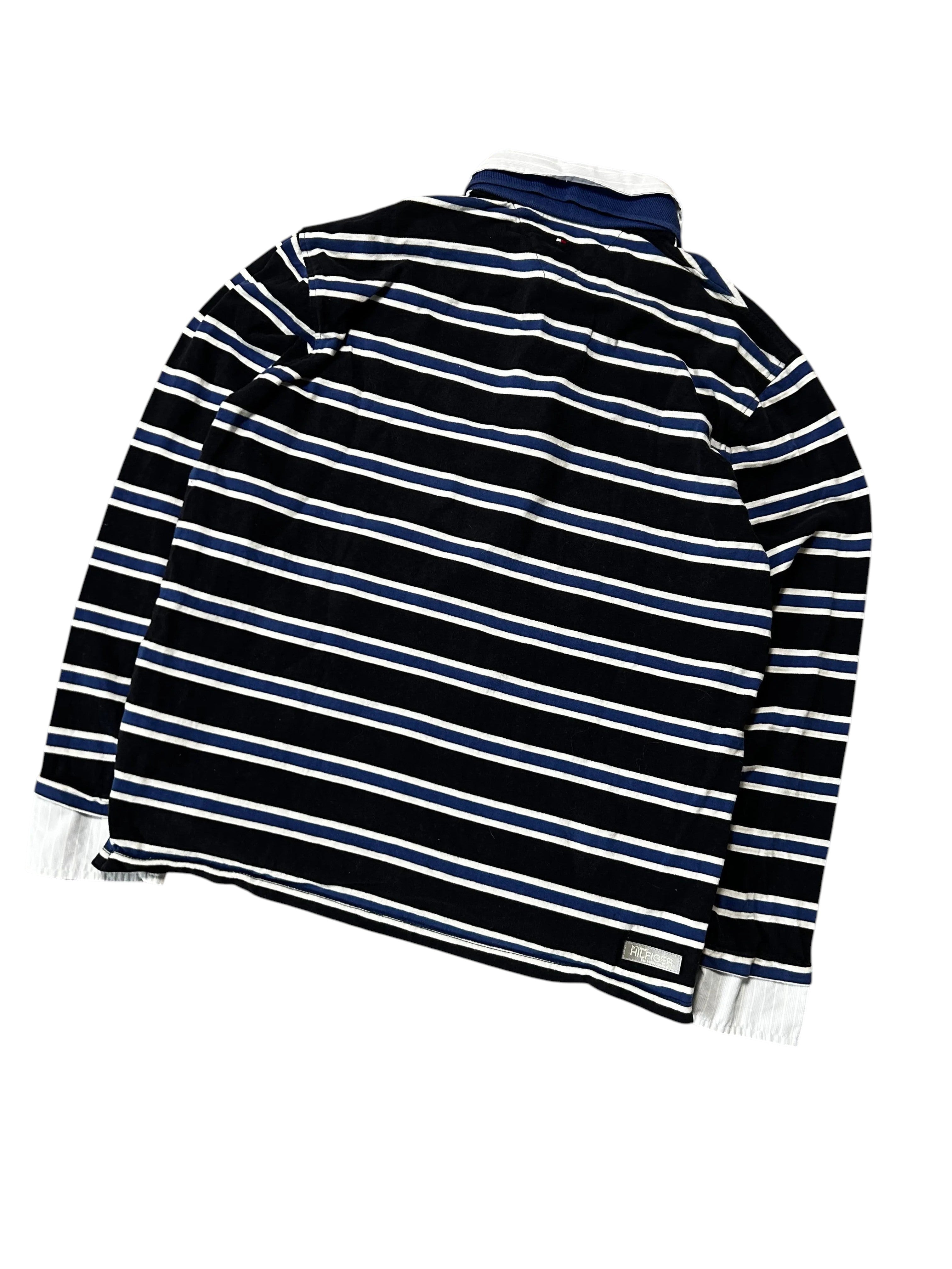 Vintage Tommy Hilfiger Gestreiftes Langarm Polo-Pullover Marineblau Weiß/Blau Streifen – 16 – Detailansicht