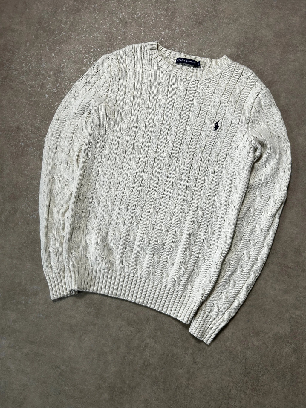 Vintage Ralph Lauren Zopfmuster Strickpullover Weiß Klassisch – S