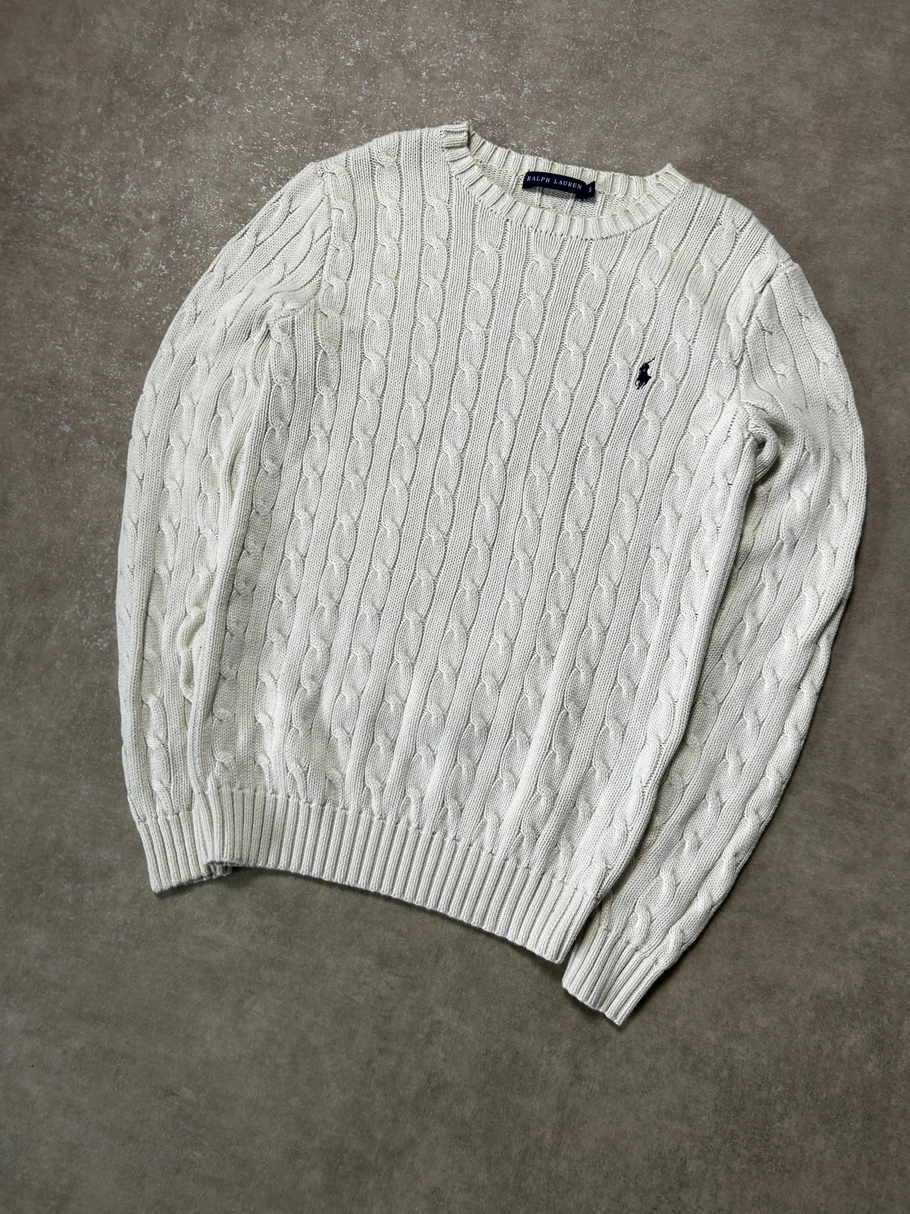 Vintage Ralph Lauren Zopfmuster Strickpullover Weiß Klassisch – S