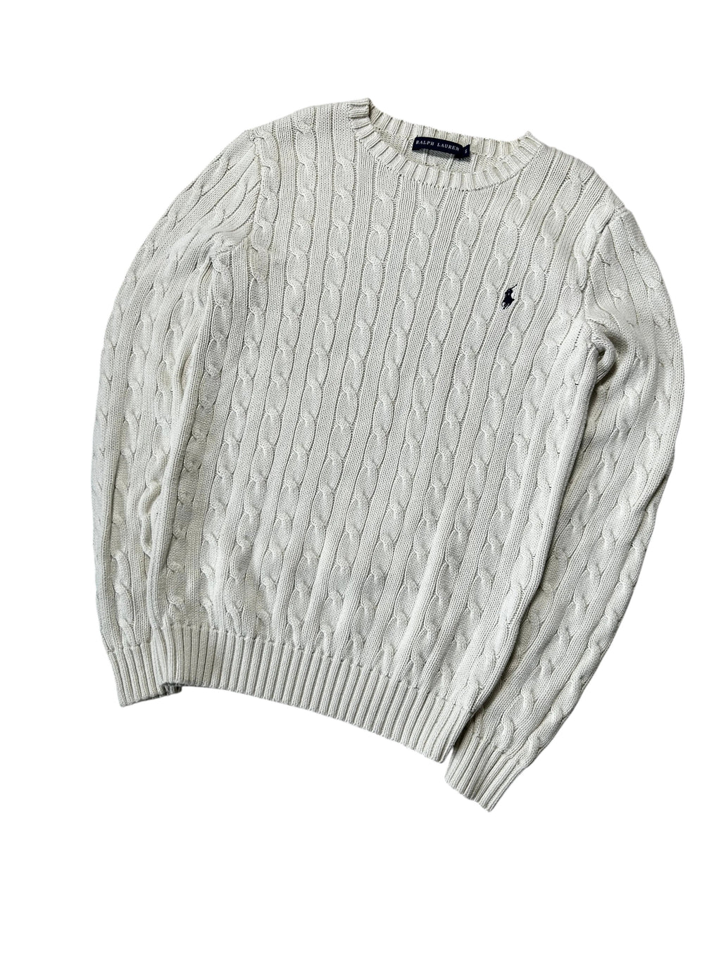 Vintage Ralph Lauren Zopfmuster Strickpullover Weiß Klassisch – S