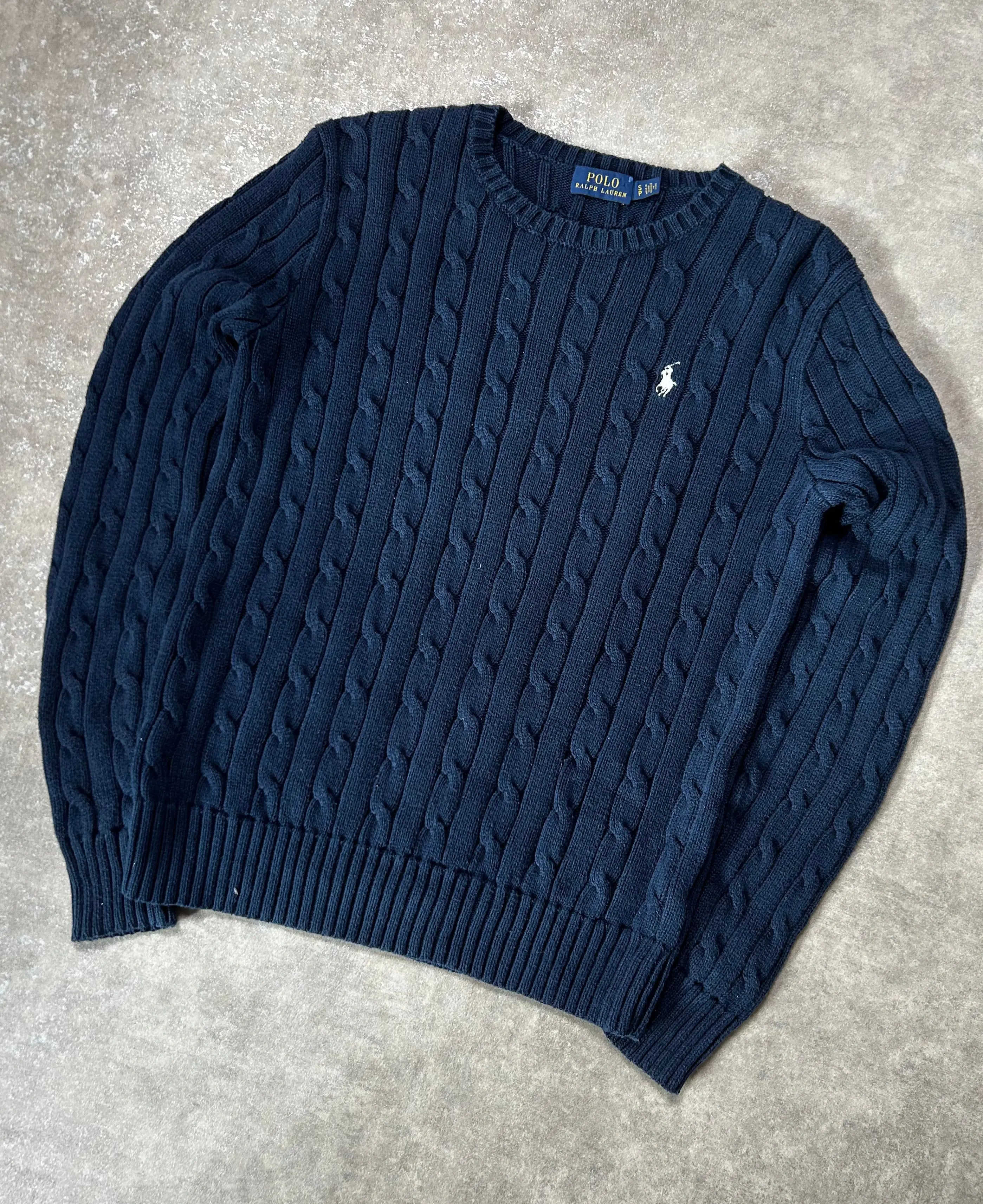 Vintage Ralph Lauren Zopfmuster Strickpullover Marineblau Klassisch – S