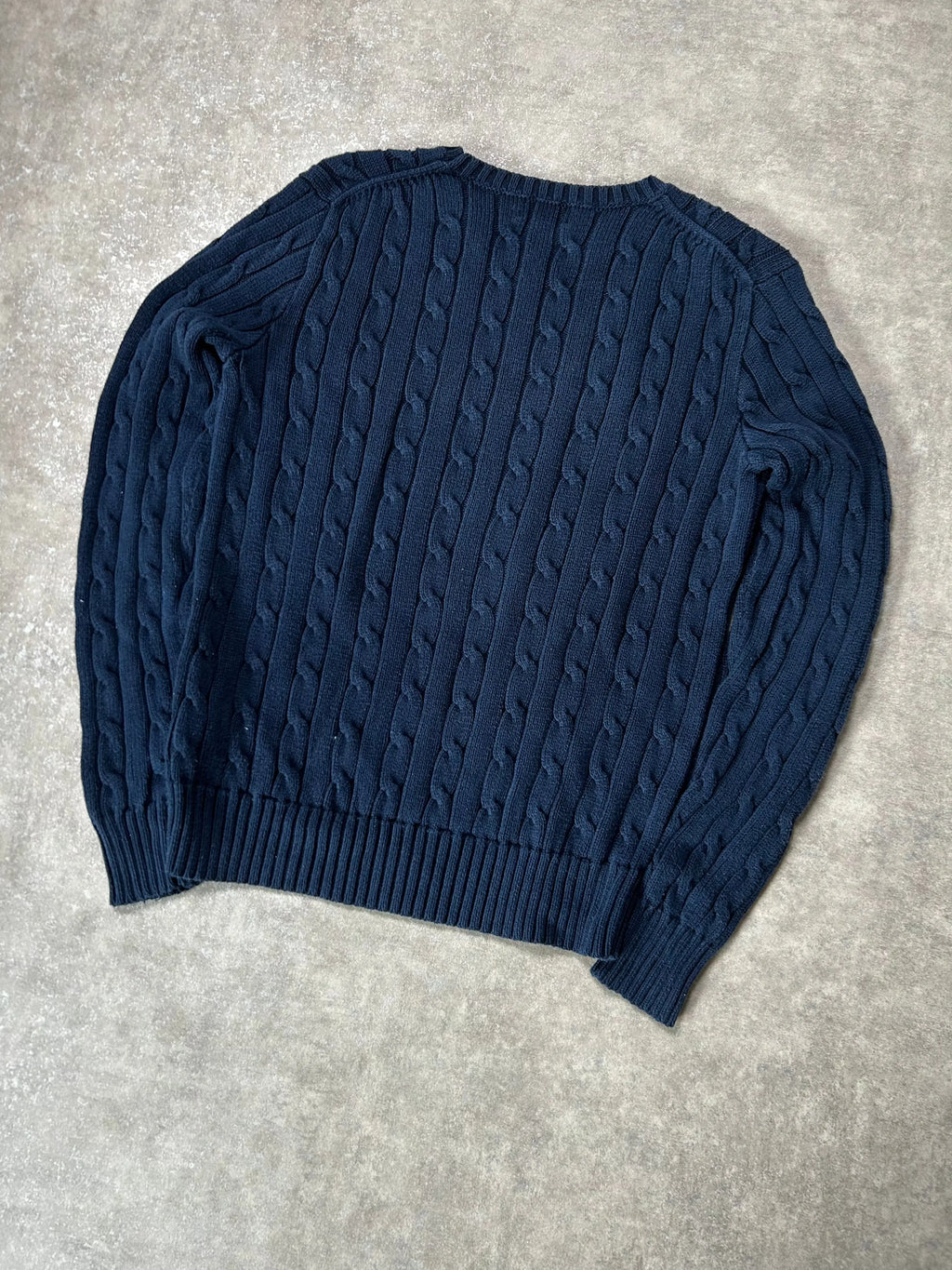 Vintage Ralph Lauren Zopfmuster Strickpullover Marineblau Klassisch – S – Detailansicht
