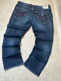 Vintage True Religion Herren Straight Fit Jeans – Dark Indigo Brutal Wash Rotes Hufeisen-Stitch W44 | Moda de Clase