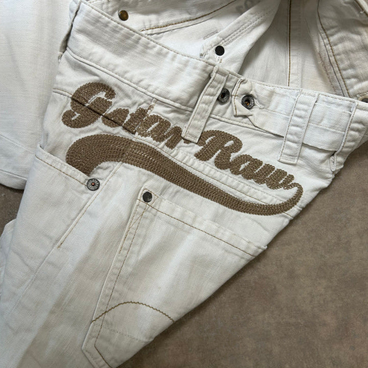 Vintage G-Star RAW GS:07 Damen Jeans – Off-White Ecru Goldbraunes Big-Stitch Embroidery W28 L32 | Moda de Clase