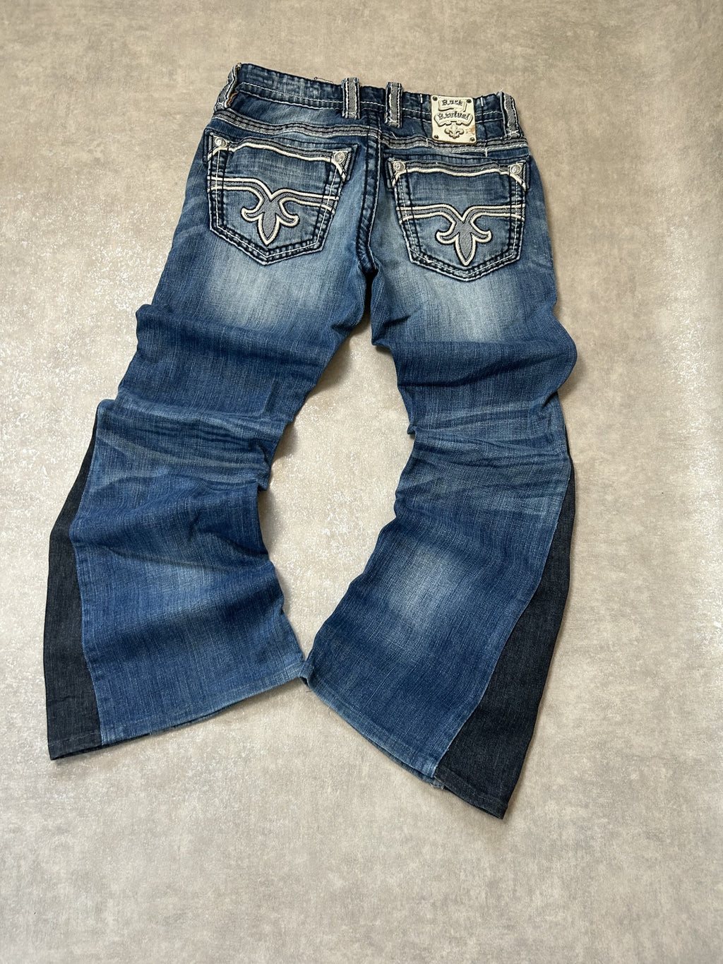 Vintage Rock Revival Damen Bootcut Jeans – Medium Blue Dark Navy Insert-Panel Extreme Flare Y2K W30 | Moda de Clase