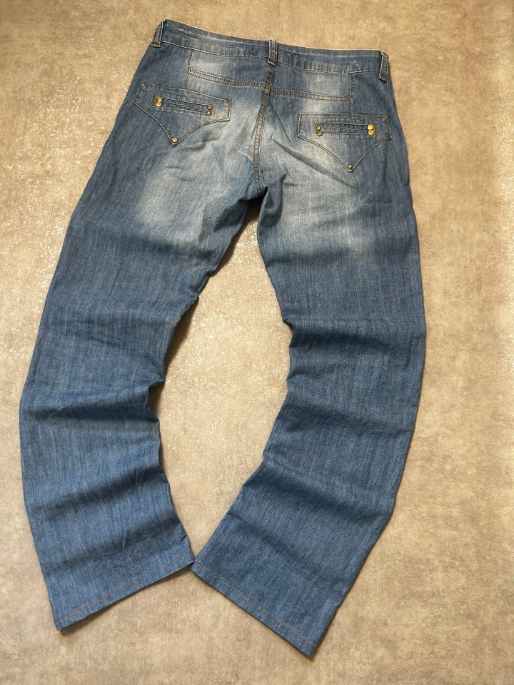 Vintage Prada Damen Straight Fit Jeans – Art. B.211 2008 Kristall-Nieten Gold Medium Blue W31 | Moda de Clase