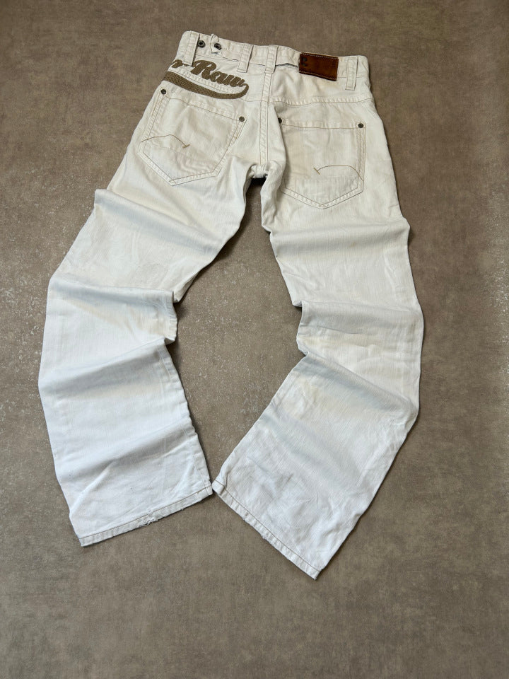 Vintage G-Star RAW GS:07 Damen Jeans – Off-White Ecru Goldbraunes Big-Stitch Embroidery W28 L32 | Moda de Clase