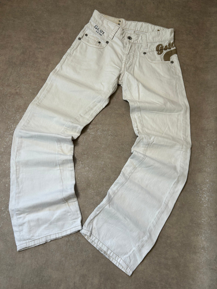 Vintage G-Star RAW GS:07 Damen Jeans – Off-White Ecru Goldbraunes Big-Stitch Embroidery W28 L32 | Moda de Clase