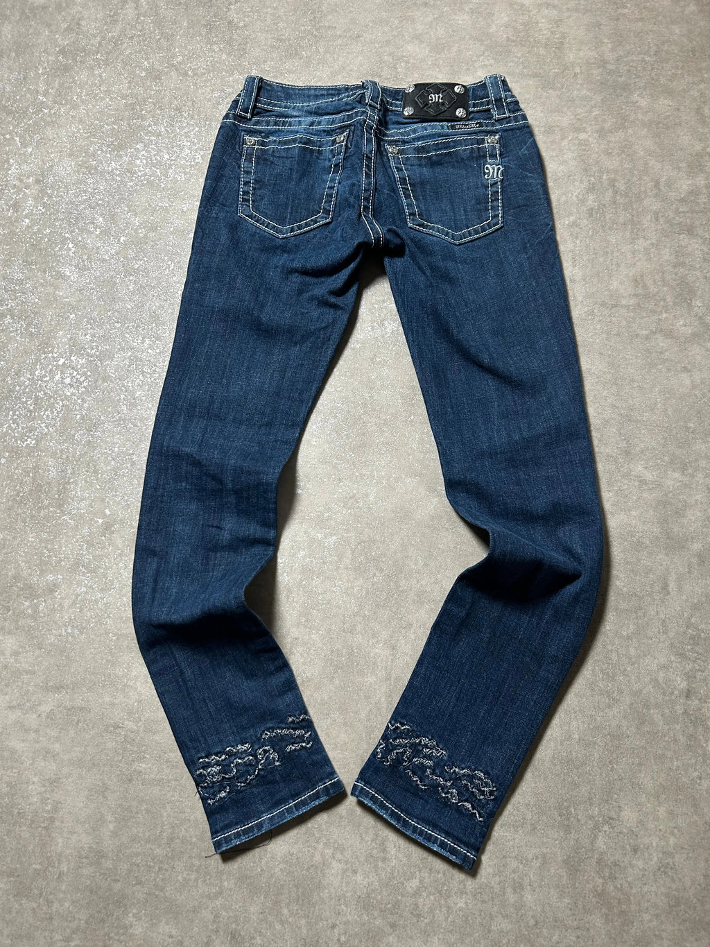 Vintage Miss Me Damen-Jeans Skinny Fit Mid Waist Y2K – Dunkelblau Größe 26