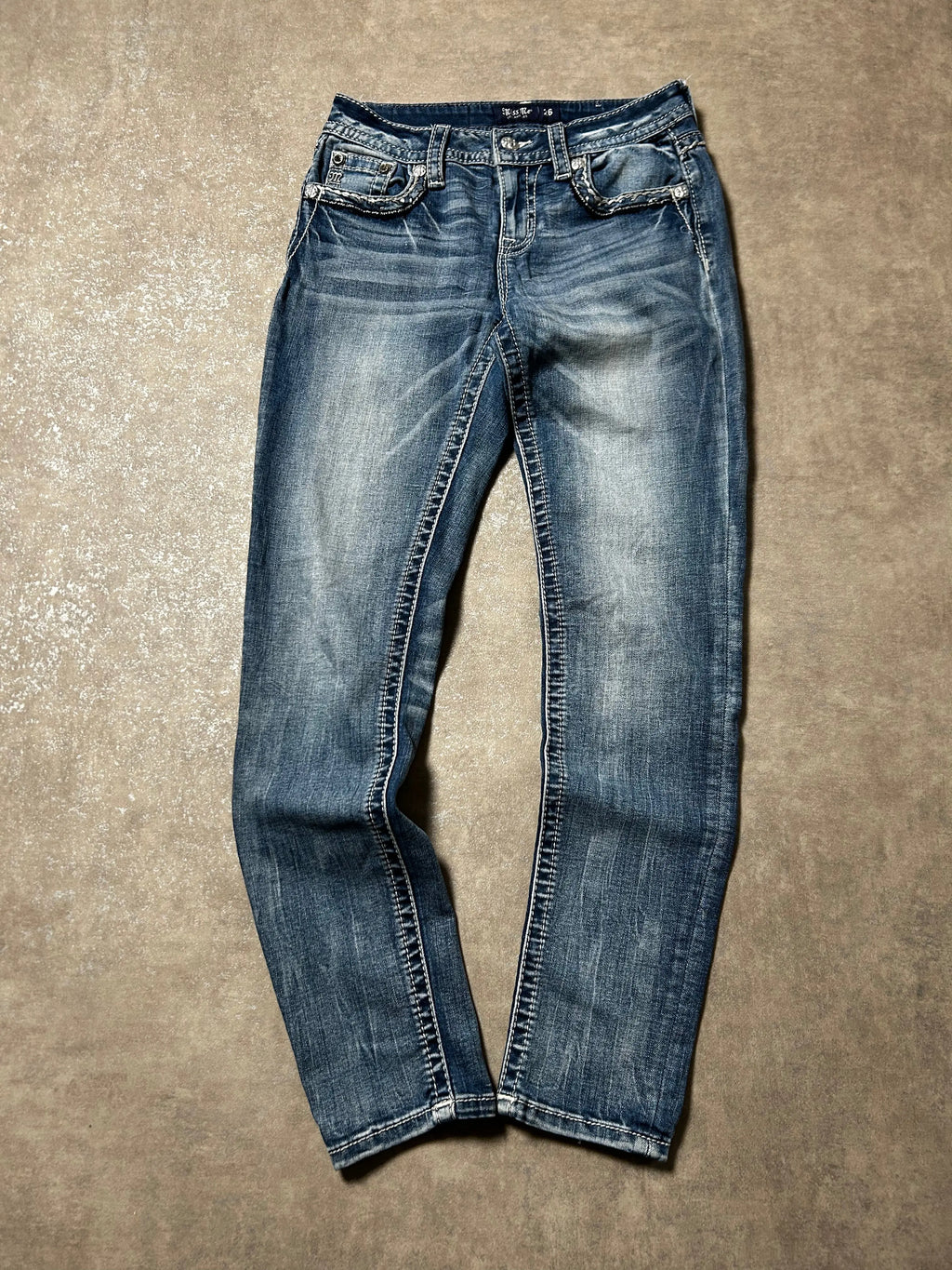 Vintage Miss Me Damen-Jeans Skinny Fit Mid Waist – Blau – Detailansicht