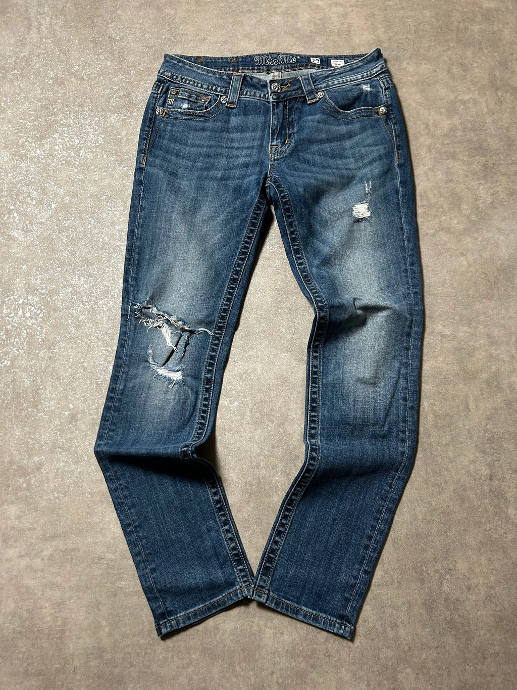 Vintage Miss Me Damen-Jeans Skinny Fit Used Look – Blau – Detailansicht