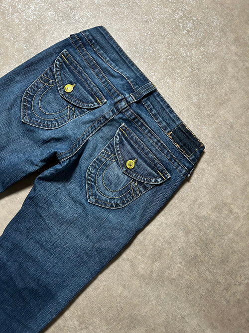 Vintage True Religion Damen-Jeans Bootcut Low Waist – Dunkelblau – Rückansicht