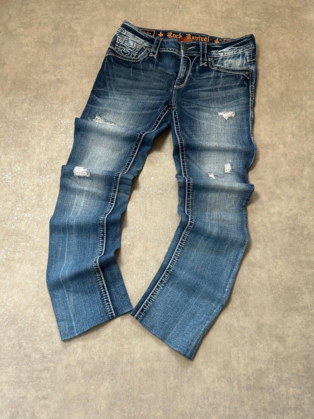 Vintage Rock Revival Damen Straight-Bootcut Jeans – Medium Blue Whisker Wash Distressed Y2K W27 | Moda de Clase