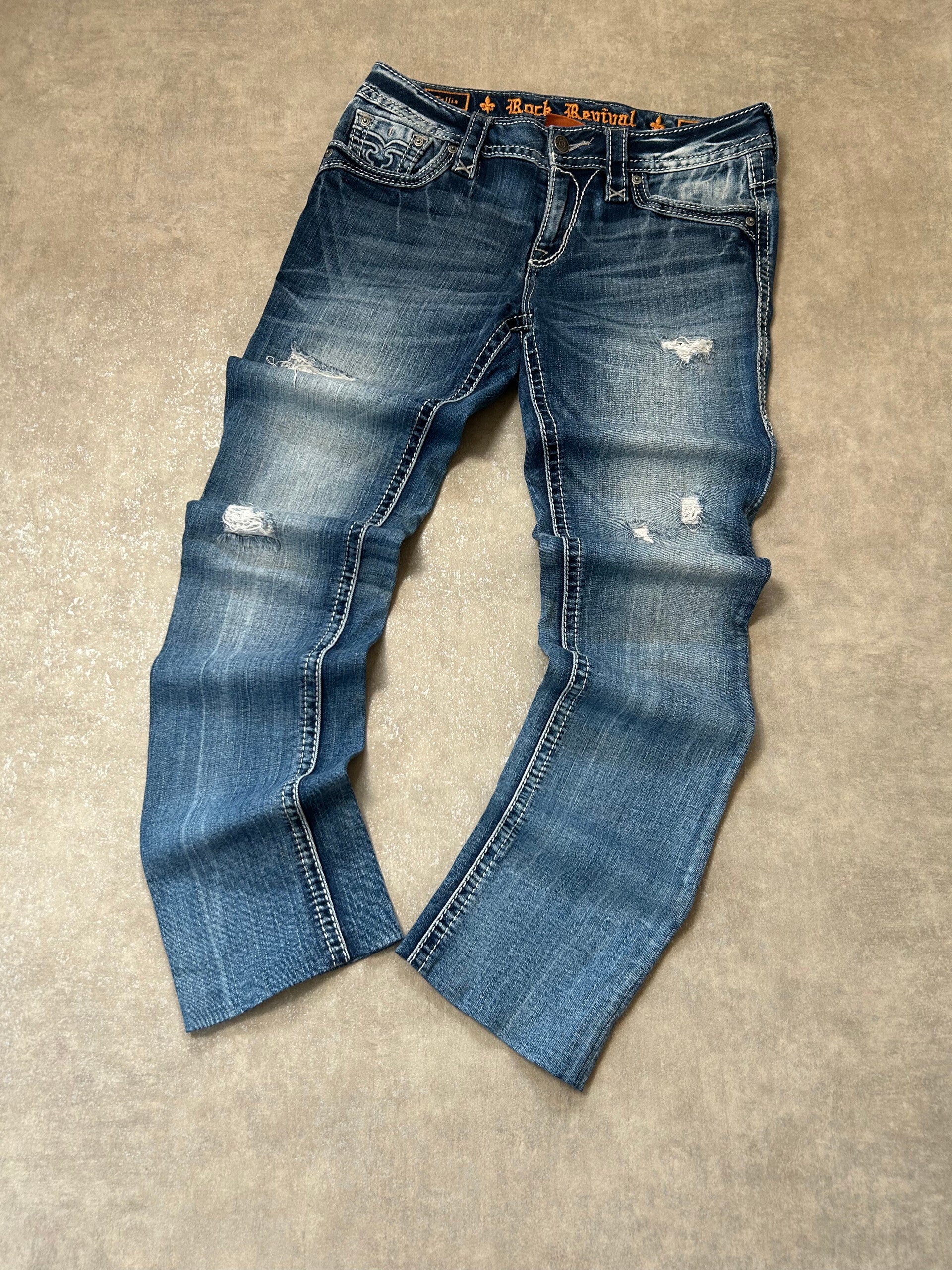 Vintage Rock Revival Damen Straight-Bootcut Jeans – Medium Blue Whisker Wash Distressed Y2K W27 | Moda de Clase