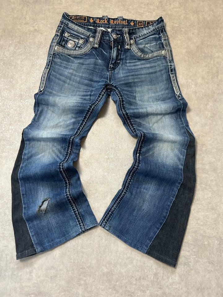 Vintage Rock Revival Damen Bootcut Jeans – Medium Blue Dark Navy Insert-Panel Extreme Flare Y2K W30 | Moda de Clase