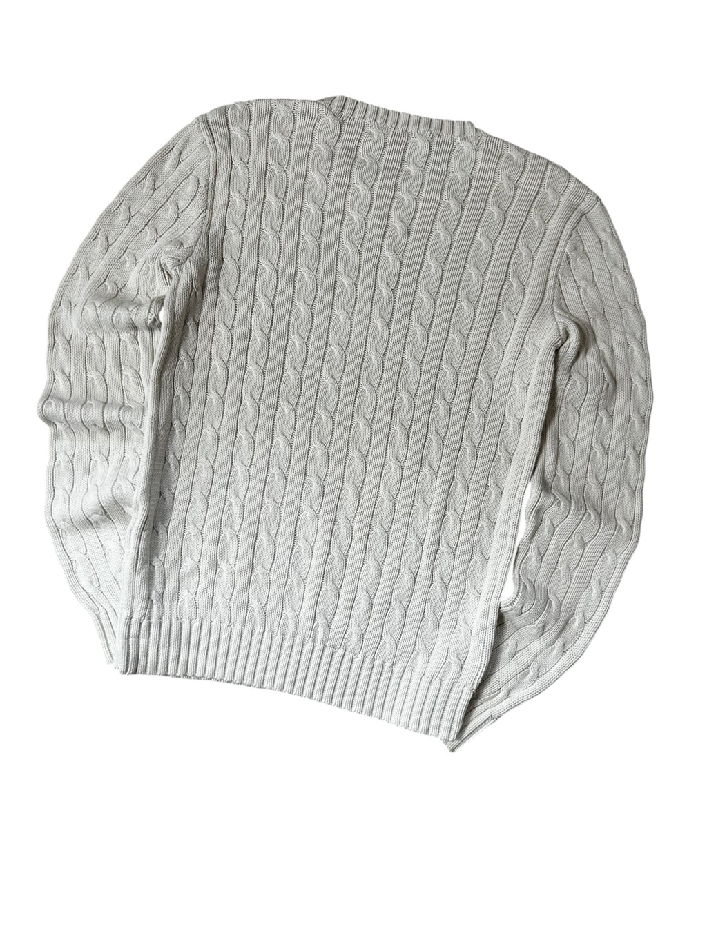 Vintage Polo Ralph Lauren Damen Zopfmuster-Strickpullover Rundhals Weiß Goldenes Pony – Detailansicht