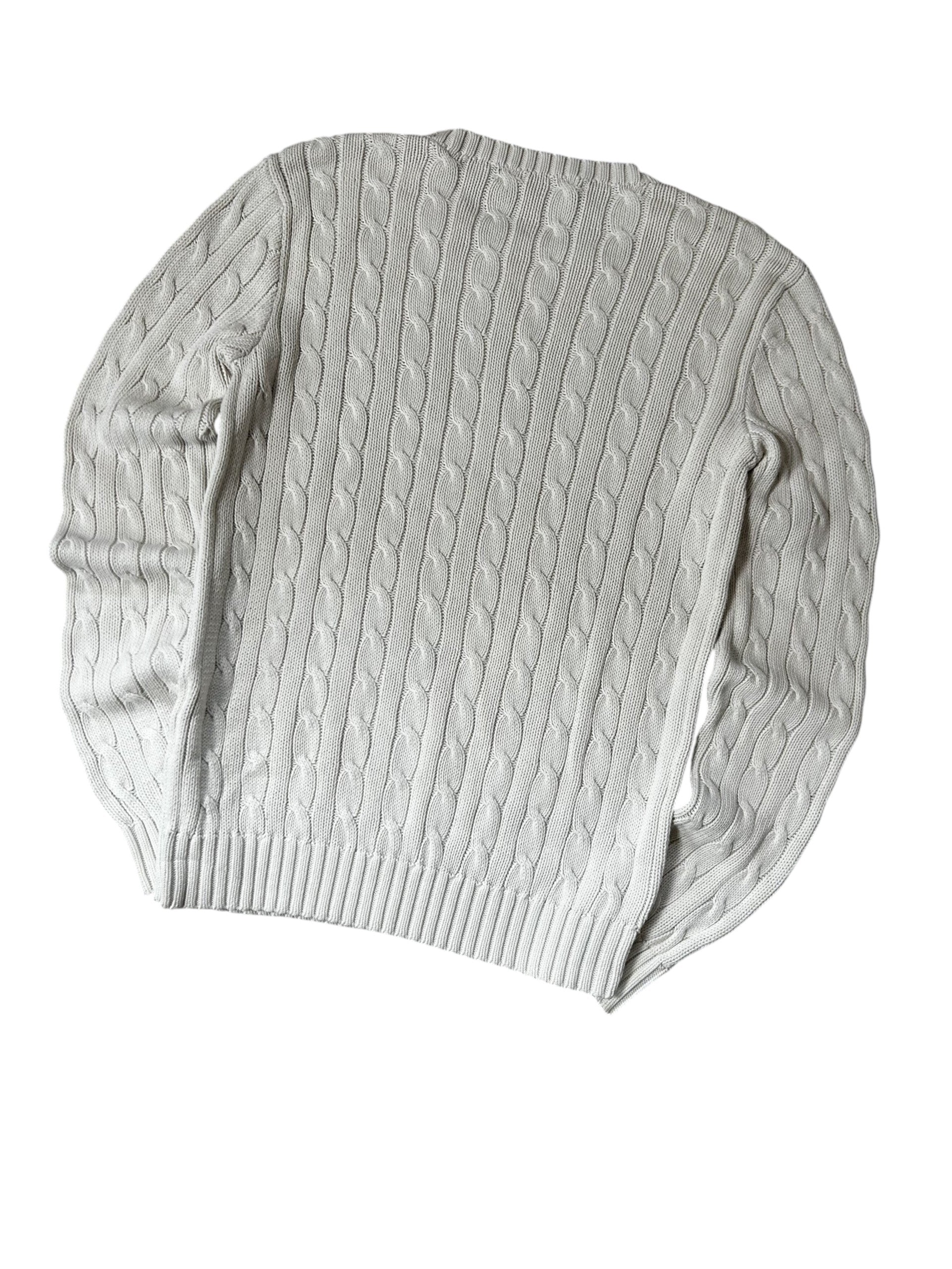 Vintage Polo Ralph Lauren Damen Zopfmuster-Strickpullover Rundhals Weiß Goldenes Pony – Detailansicht