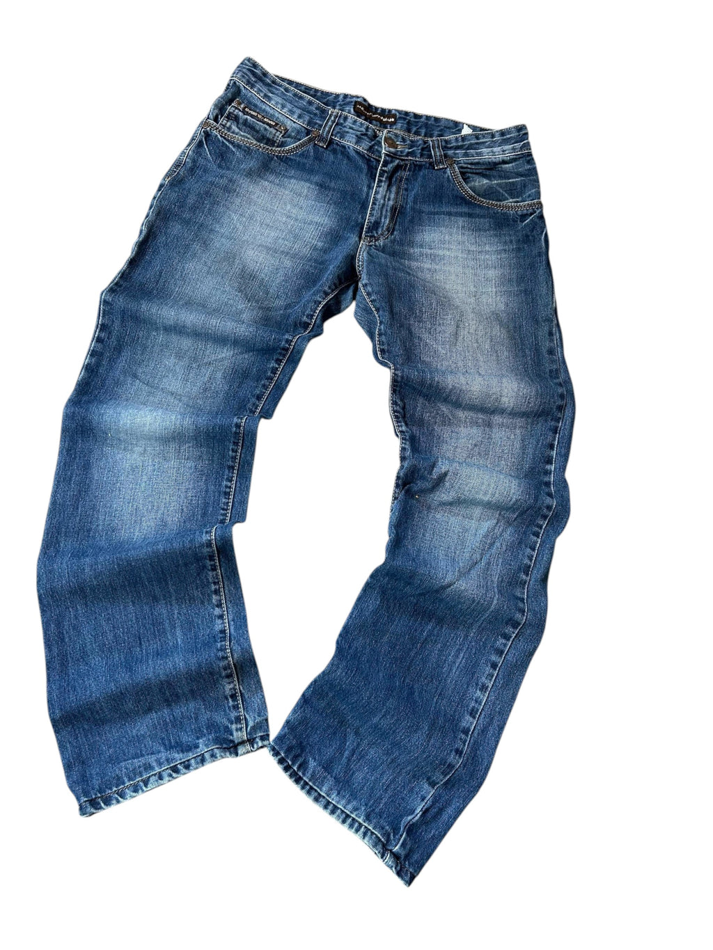 Armani Jeans Medium Blue Vorderseite Bootcut Whisker-Waschung ausgestelltes Bein