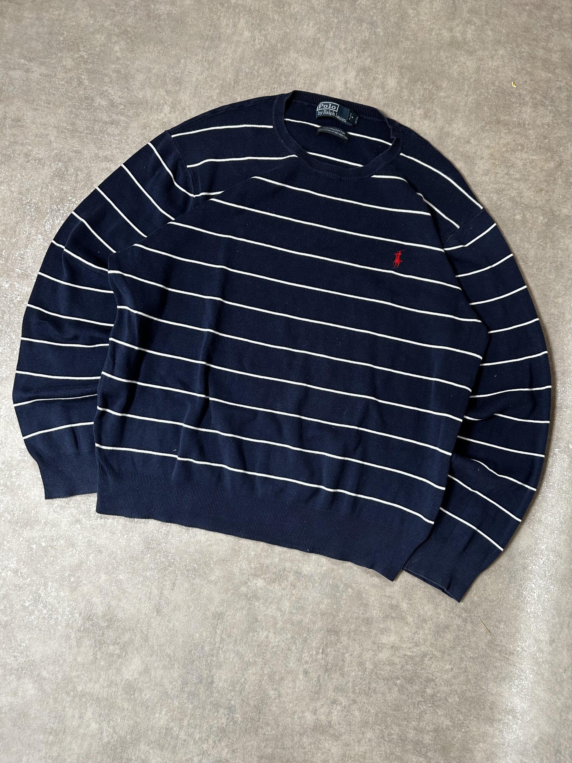 Vintage Polo Ralph Lauren Herren Strickpullover Rundhals Breton Streifen Marineblau Weiß