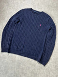 Vintage Ralph Lauren Zopfmuster Strickpullover Marineblau Rosa Logo Klassisch – L