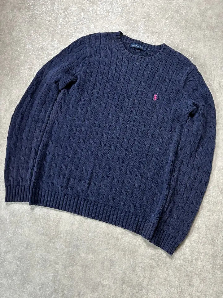 Vintage Ralph Lauren Zopfmuster Strickpullover Marineblau Rosa Logo Klassisch – L