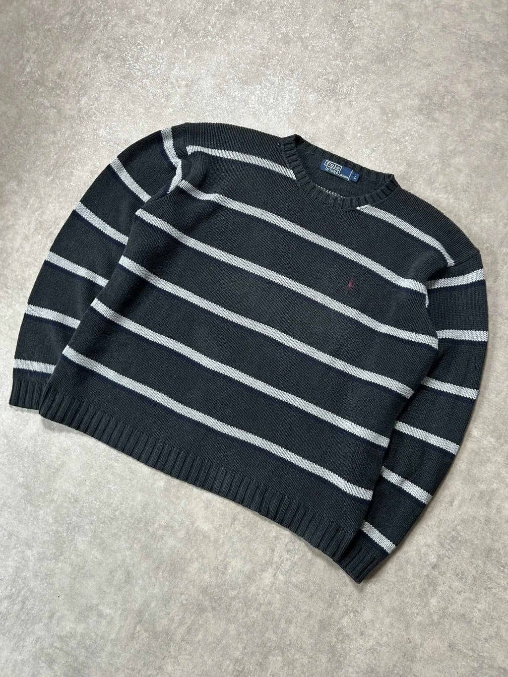 Vintage Ralph Lauren Strickpullover Grau Blau/Weiß Streifen – L