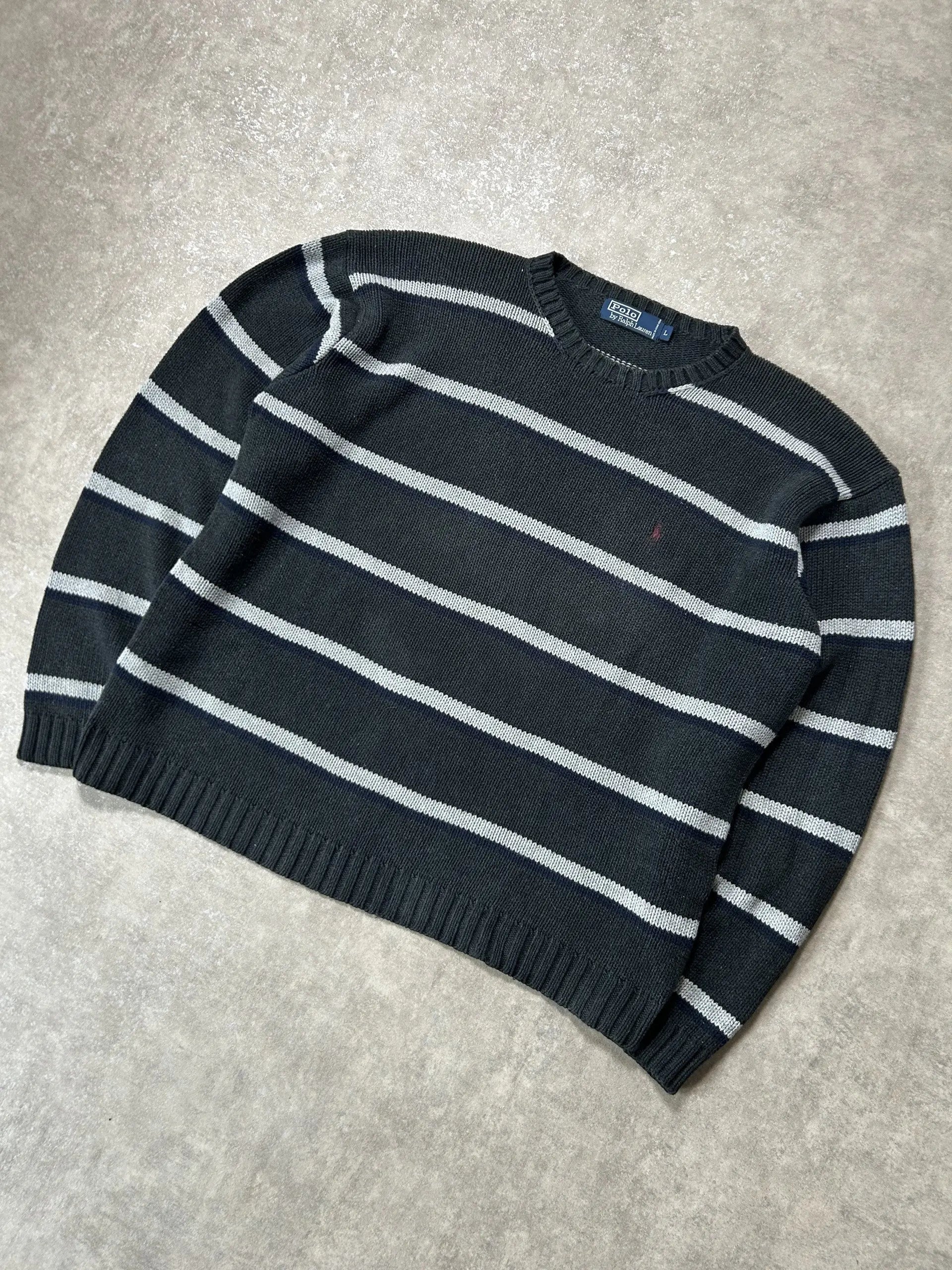 Vintage Ralph Lauren Strickpullover Grau Blau/Weiß Streifen – L