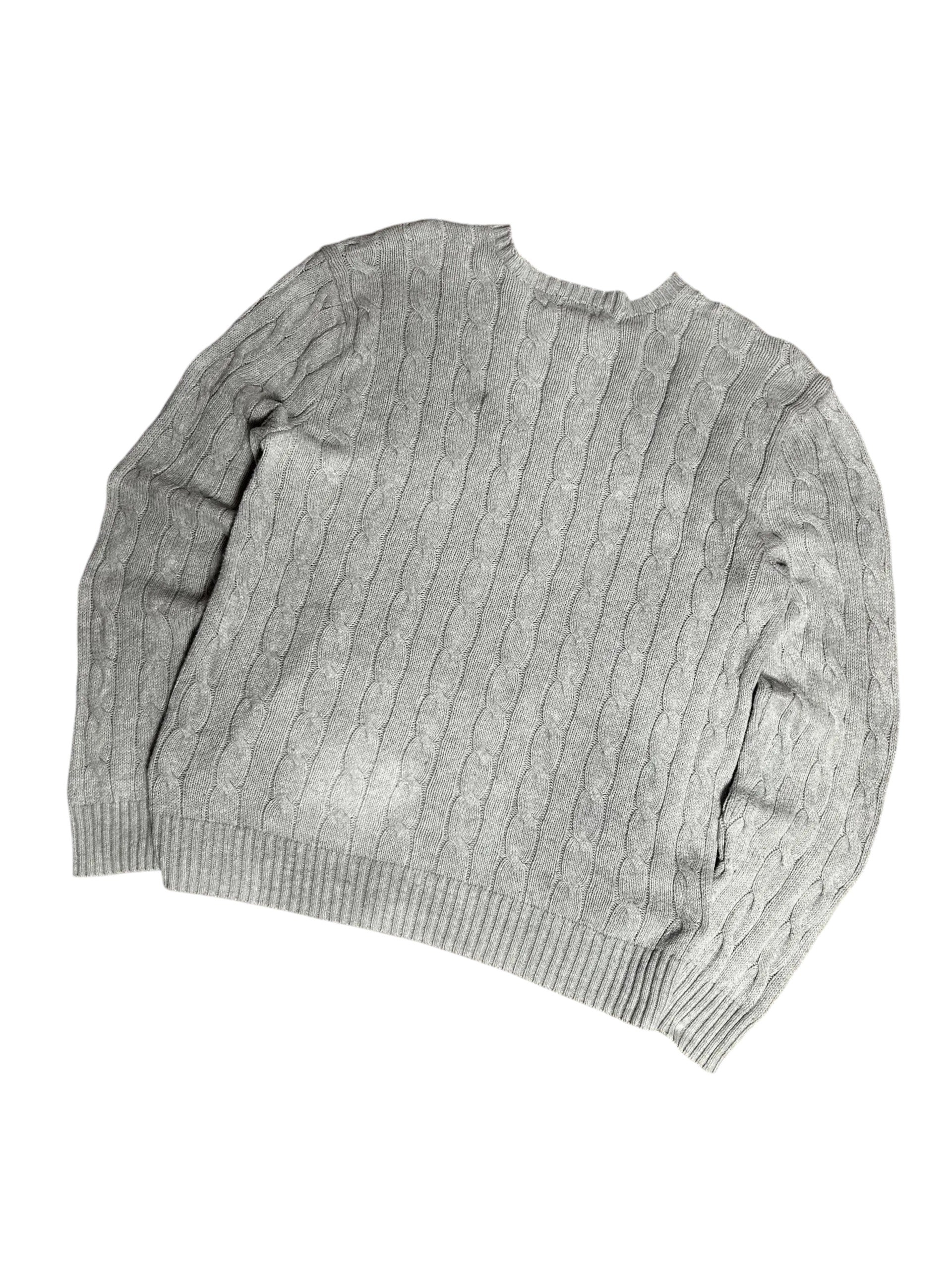 Vintage Polo Ralph Lauren Zopfmuster-Strickpullover Grau – Klassischer Rundhalsausschnitt | Größe M – Detailansicht