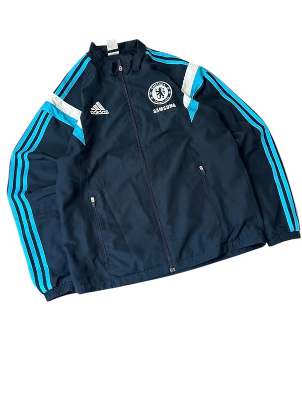 Adidas x Chelsea FC Trainingsjacke Navy Vorderseite Chelsea-Wappen Samsung 3-Streifen