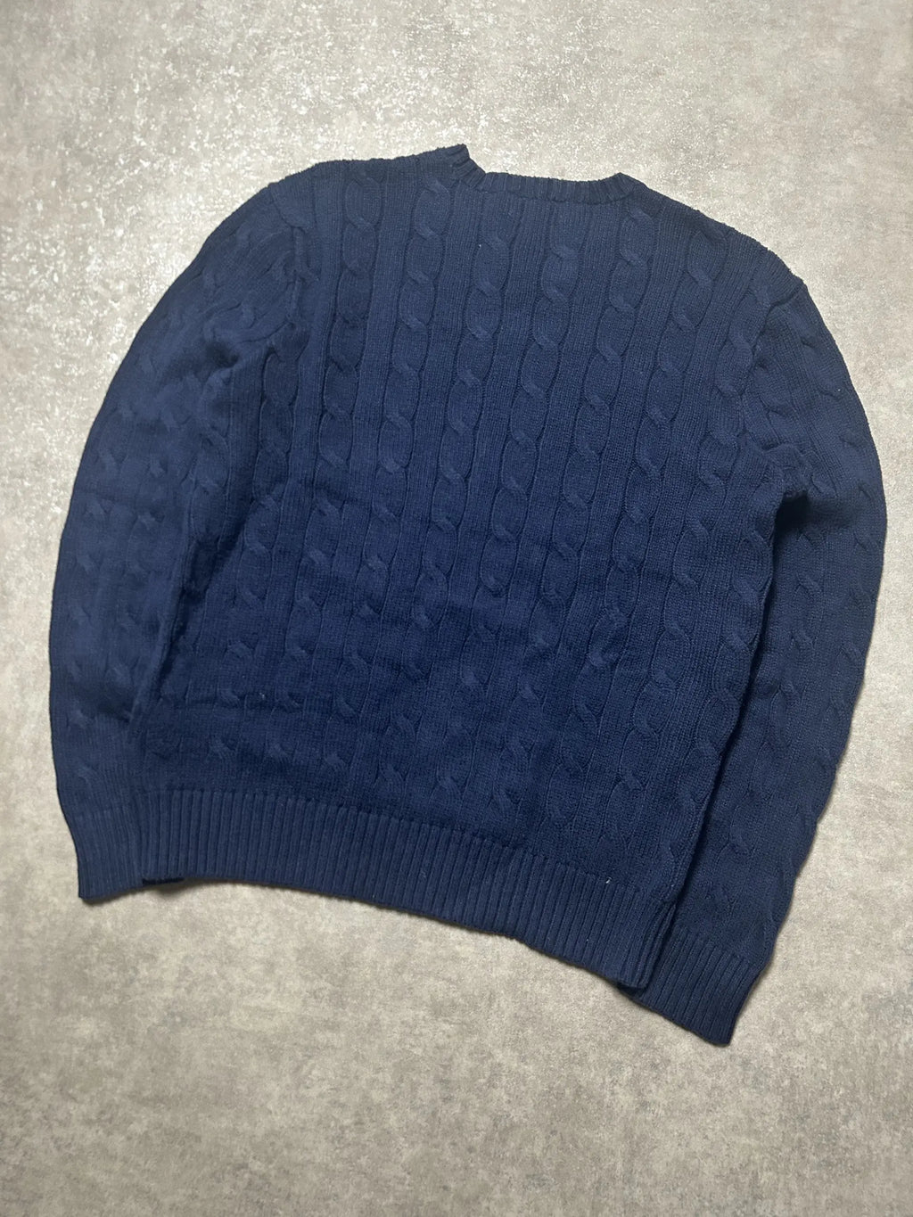 Vintage Ralph Lauren Zopfmuster Strickpullover Marineblau Rot Pony Logo – S – Detailansicht