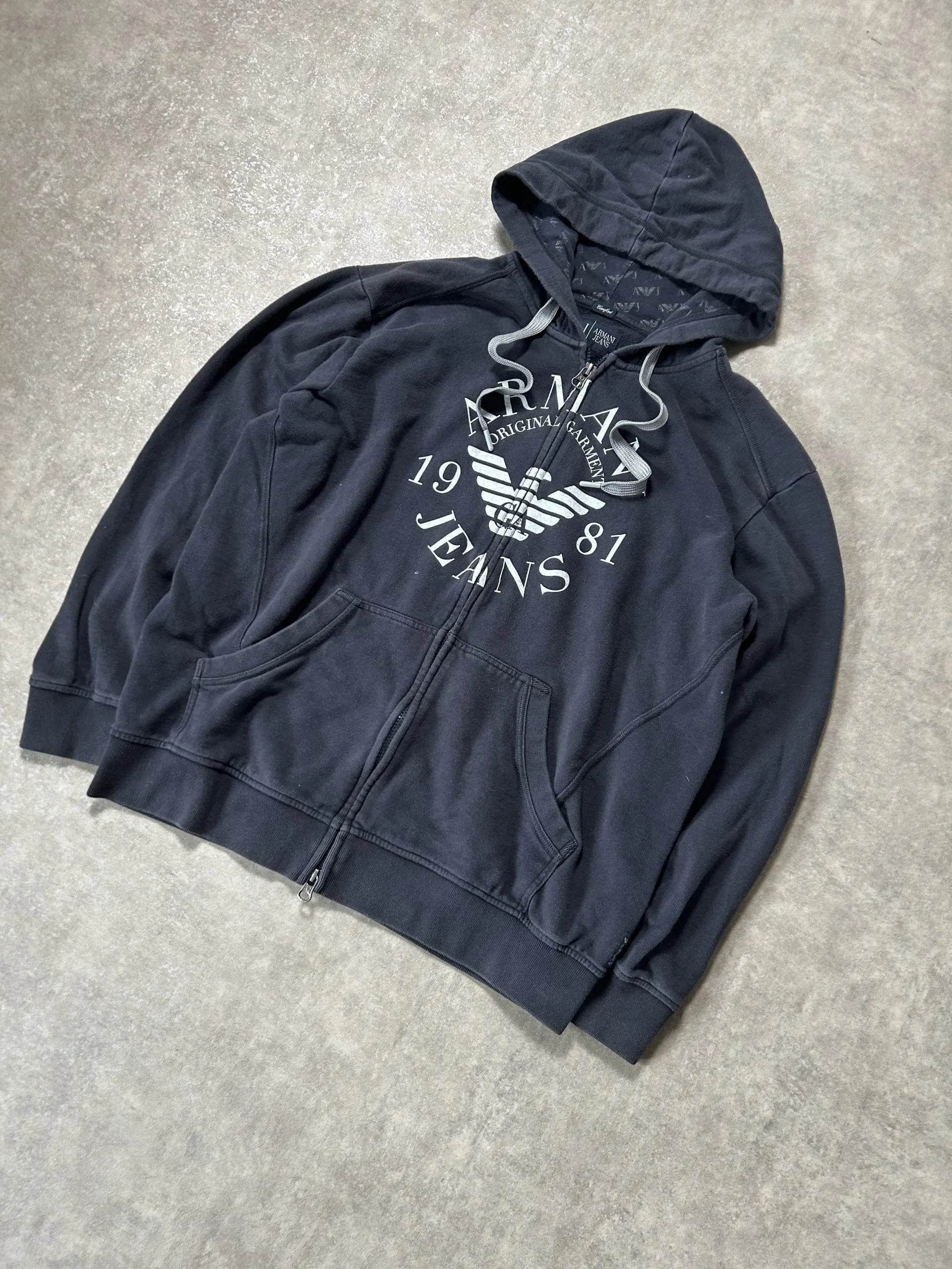 Vintage Armani Jeans Zip Hoodie Grau AJ Logo – XXL