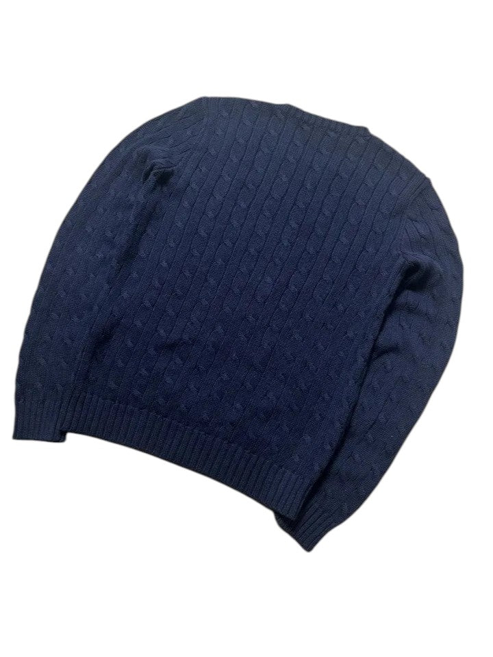 Vintage Ralph Lauren Zopfmuster Strickpullover Marineblau Weiß Pony Logo – M – Detailansicht