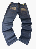 Gucci Arkansas Straight Fit Jeans Dark Navy Rückseite GG-Monogramm Canvas Taschen Web-Streifen goldener Knopf