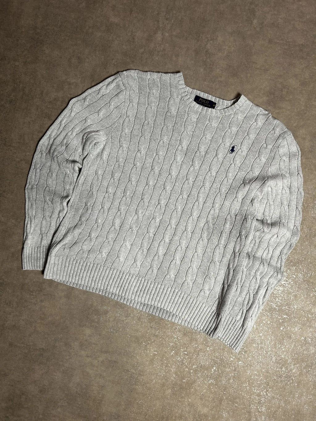 Vintage Polo Ralph Lauren Zopfmuster-Strickpullover Grau – Klassischer Rundhalsausschnitt | Größe M