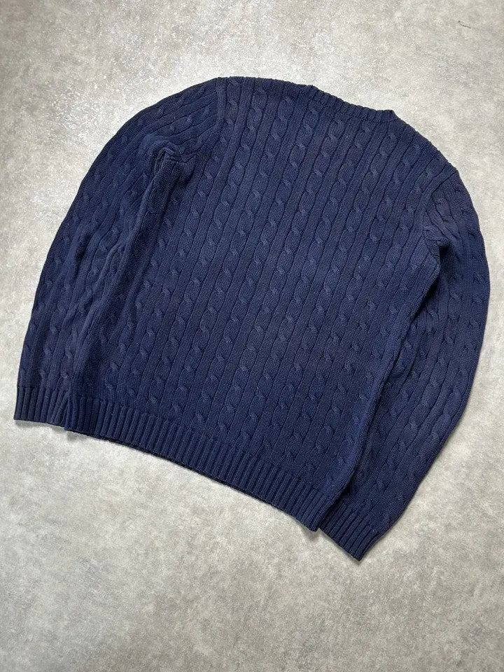 Vintage Ralph Lauren Zopfmuster Strickpullover Marineblau Rosa Logo Klassisch – L – Detailansicht