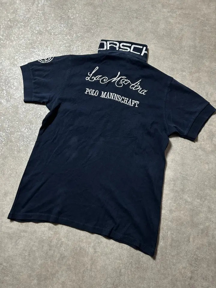 Vintage Porsche x La Martina Polo-Shirt Dunkelmarineblau – Polo Team Edition | Größe S – Rückansicht