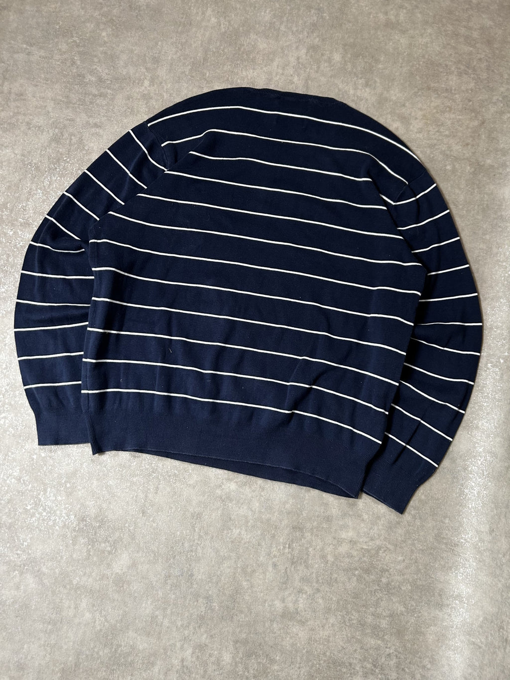 Vintage Polo Ralph Lauren Herren Strickpullover Rundhals Breton Streifen Marineblau Weiß – Detailansicht