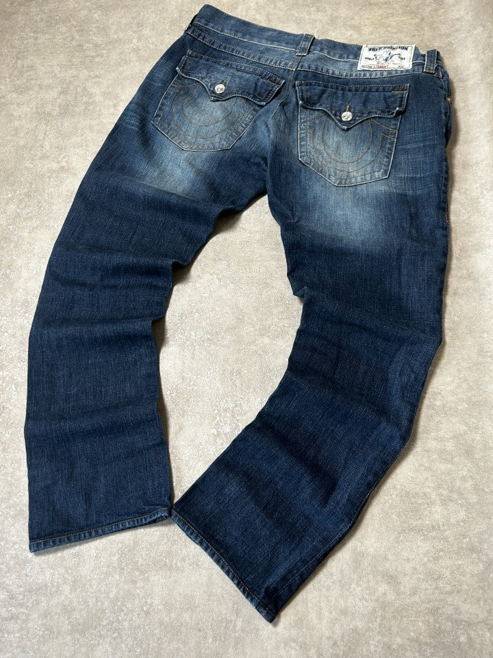 Vintage True Religion Herren-Jeans Straight Fit Distressed Marineblau
