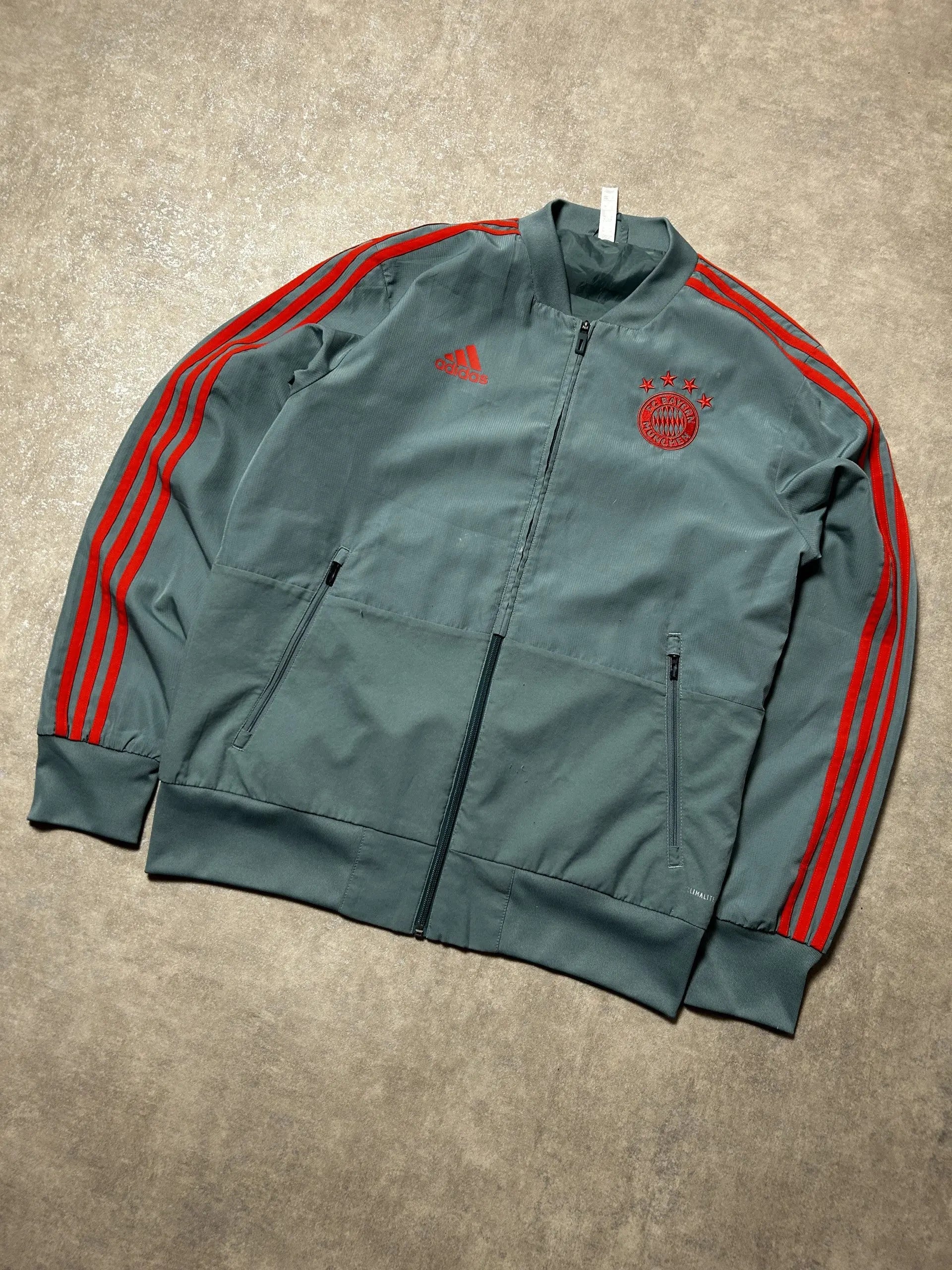 Vintage Adidas FC Bayern München Trainingsjacke Grau-Grün – Rote Drei Streifen | Größe M