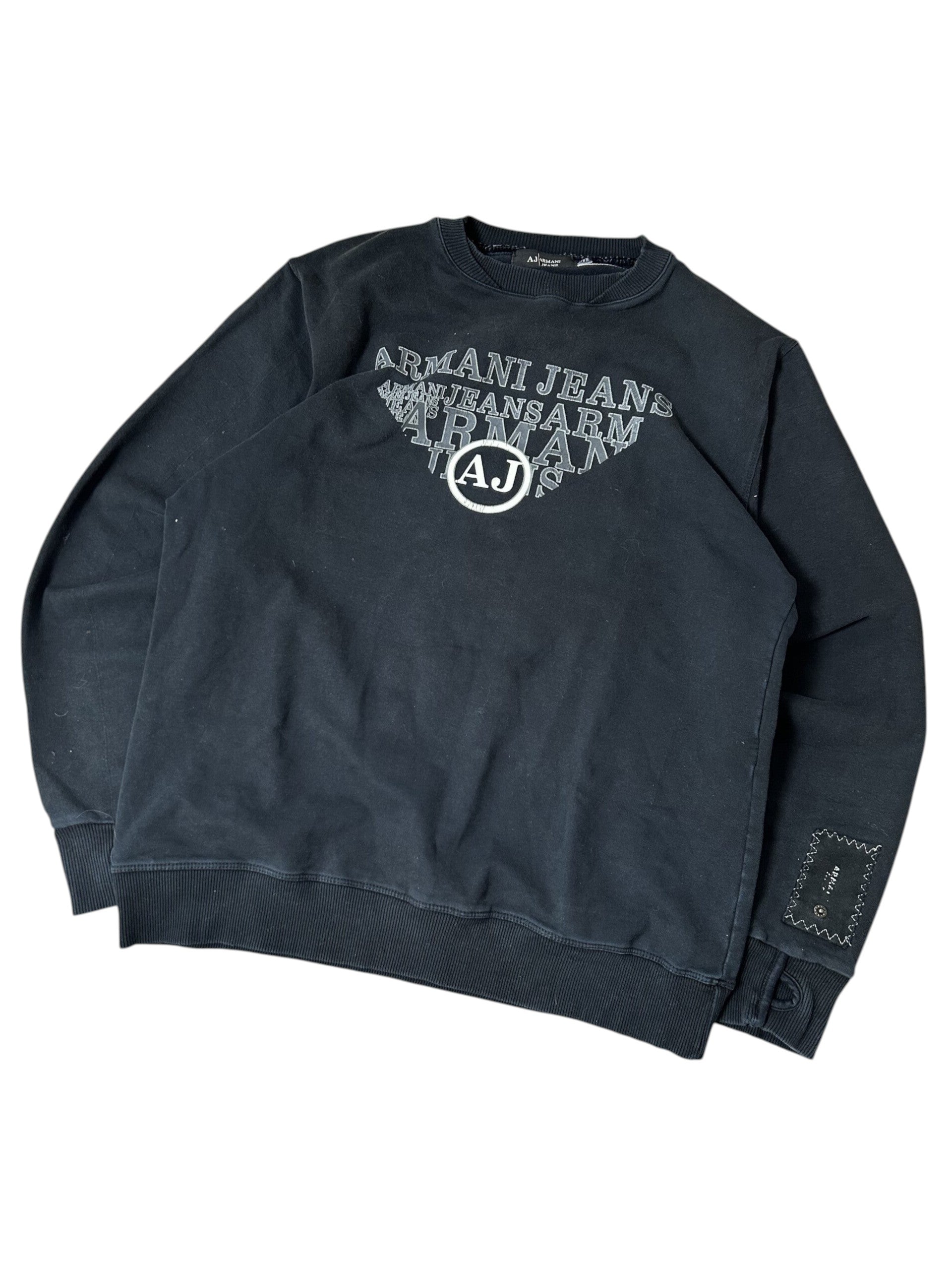 Vintage Armani Jeans Herren Sweatshirt Rundhals AJ Dreieck-Logo Druck Schwarz