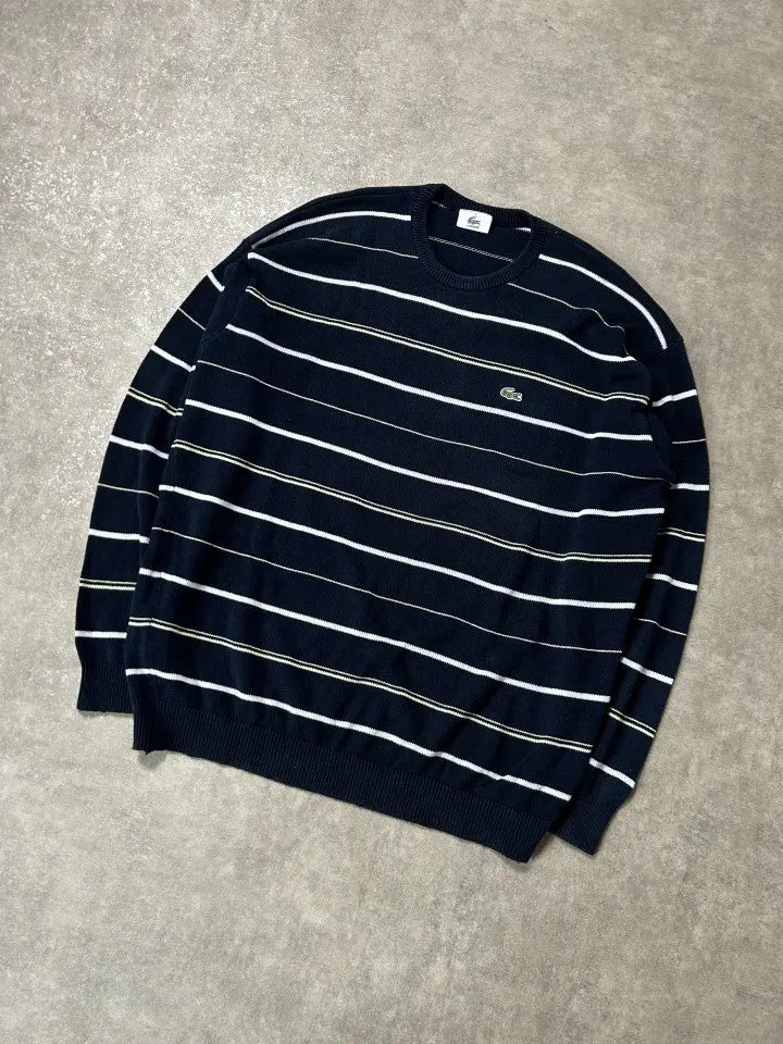 Vintage Lacoste Strickpullover Marineblau Gelb/Weiß Streifen – L