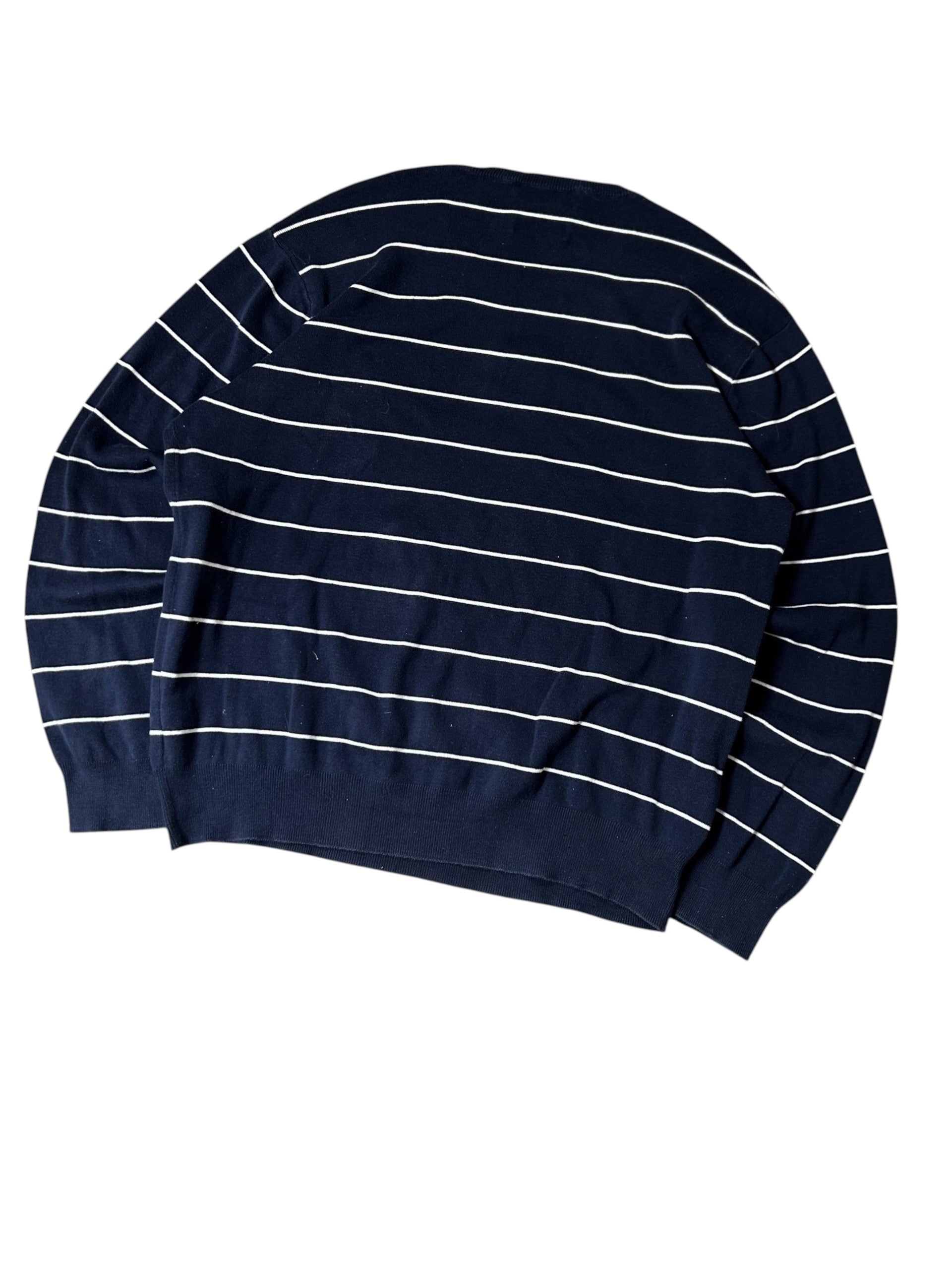 Vintage Polo Ralph Lauren Herren Strickpullover Rundhals Breton Streifen Marineblau Weiß – Detailansicht