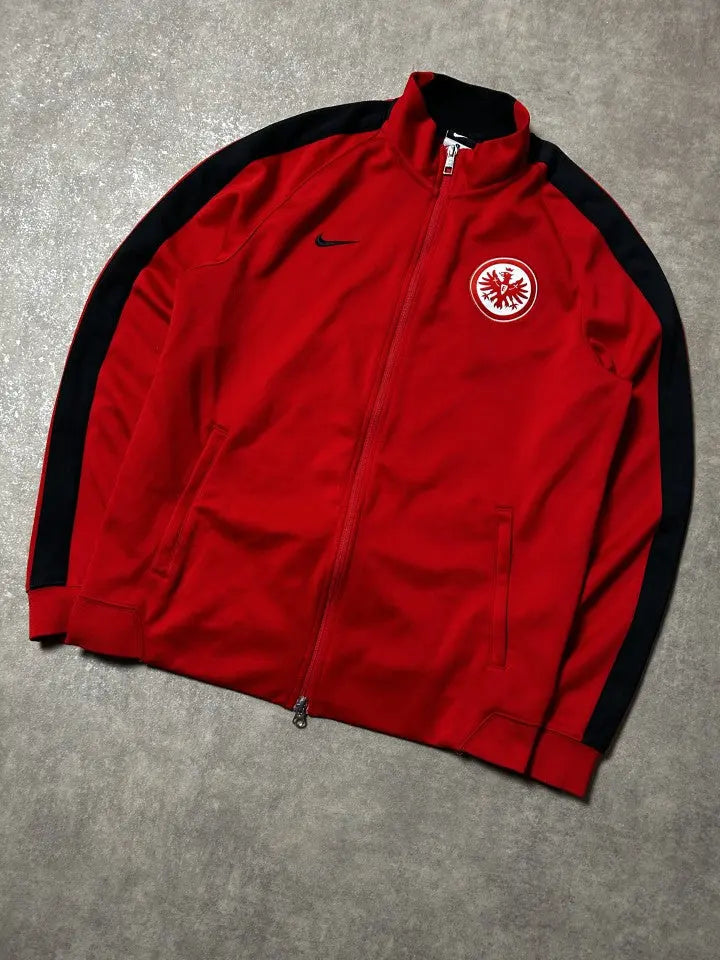 Vintage Eintracht Frankfurt Trainingsjacke Rot – Schwarzer Streifendetail | Größe L