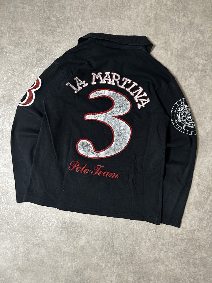 Vintage La Martina x Porsche Herren Polo Longsleeve Polo Mannschaft Team Jersey Schwarz – Detailansicht